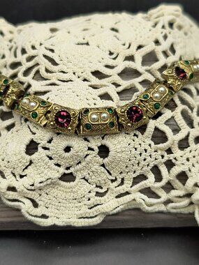 Arthur Pepper Vintage Solid Copper Bracelet • Ornate Links & Jewel‑Tone Stones